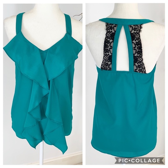 Aryn K Tops - Aryn K Emerald Green Ruffle Lace Back Top XS